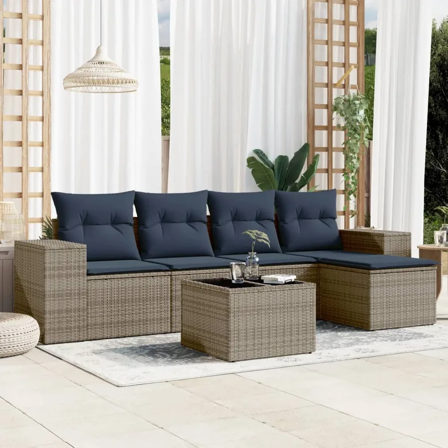 Ensemble de canapé de jardin 6 pcs avec coussins gris résine tressée