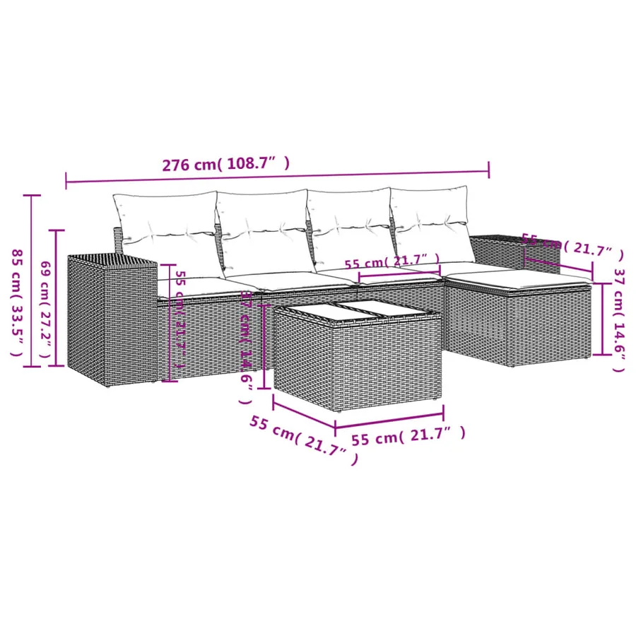 Ensemble de canapé de jardin 6 pcs avec coussins gris résine tressée - 9