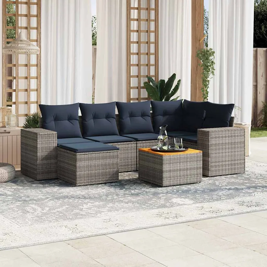 Ensemble de canapé de jardin 7 pcs avec coussins gris résine tressée
