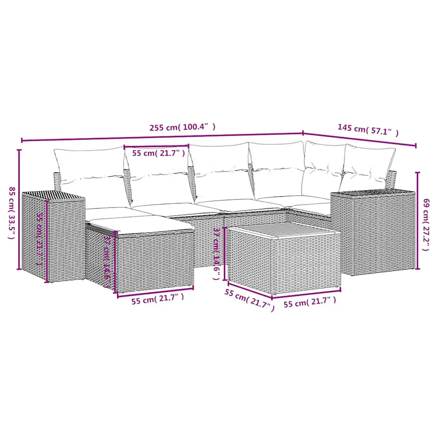 Ensemble de canapé de jardin 7 pcs avec coussins gris résine tressée - 9