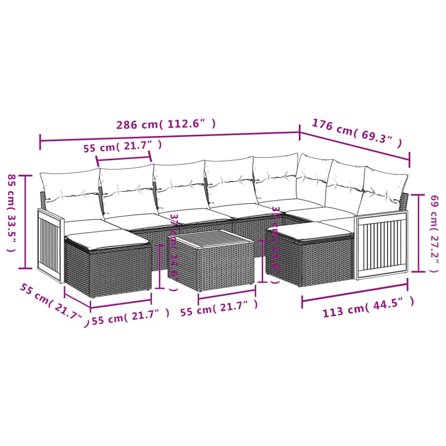 Ensemble de canapé de jardin 10 pcs avec coussins gris résine tressée - 9