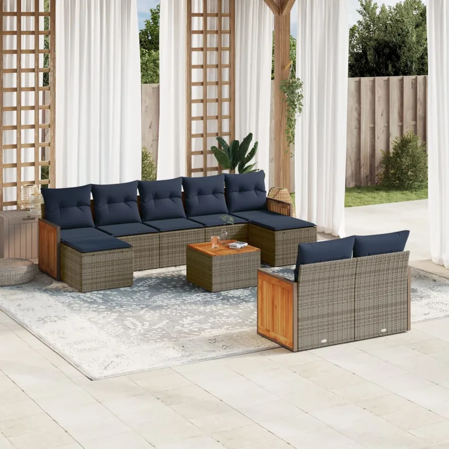 Ensemble de canapé de jardin 10 pcs avec coussins gris résine tressée