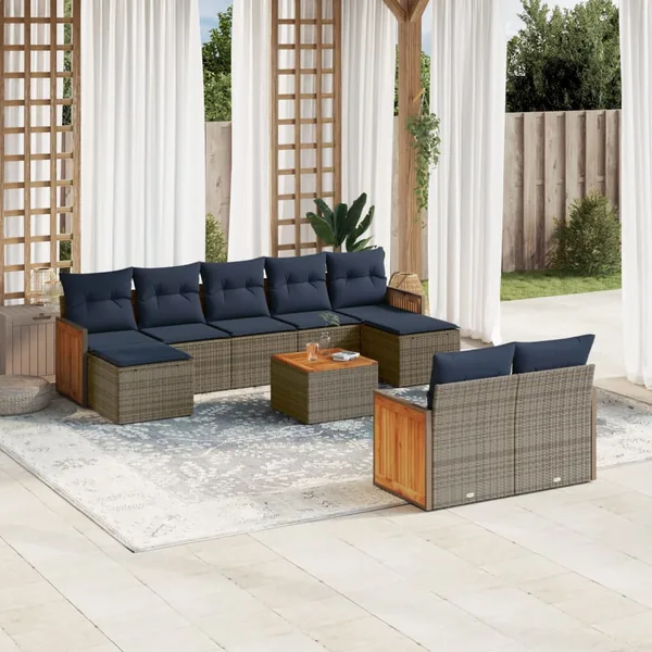Ensemble de canapé de jardin 10 pcs avec coussins gris résine tressée