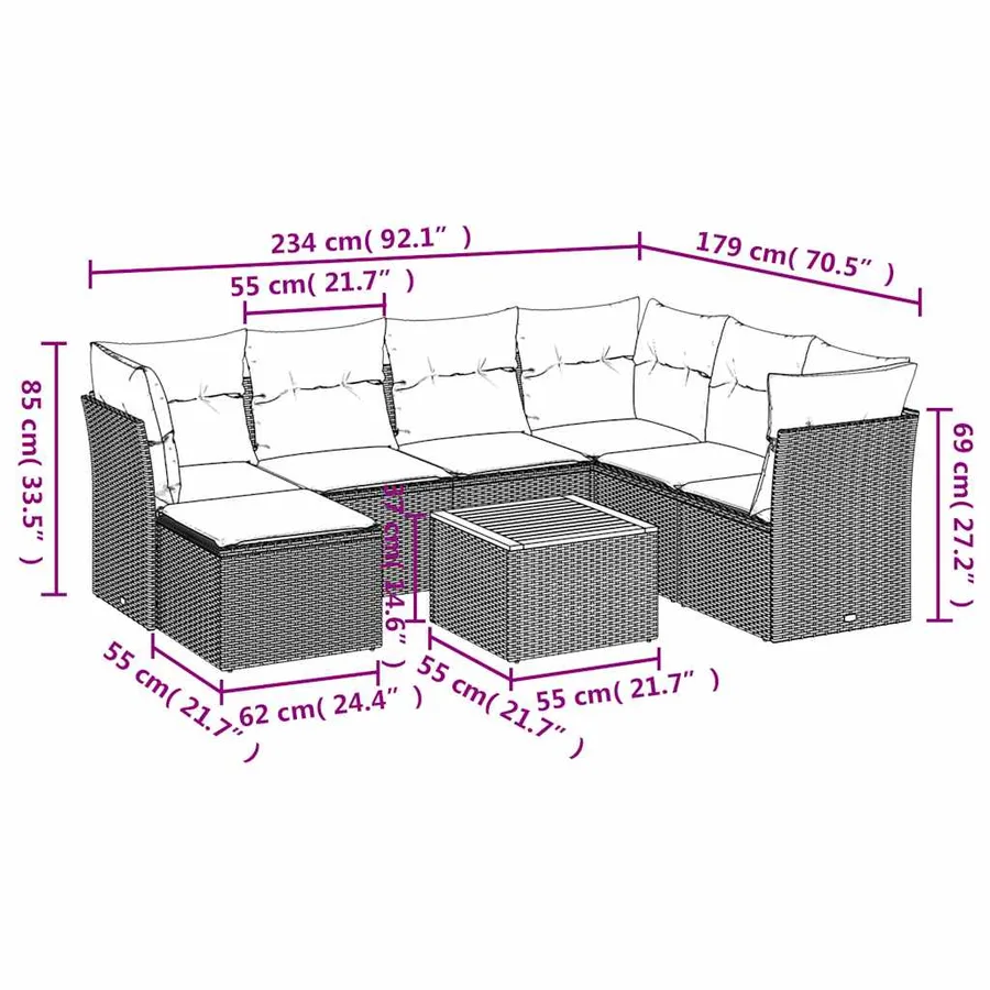 Ensemble de canapé de jardin 8 pcs avec coussins gris résine tressée - 11
