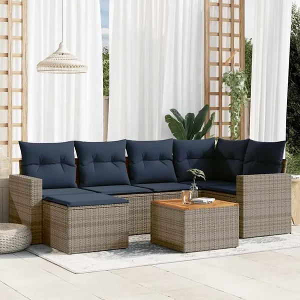 Ensemble de canapé de jardin 7 pcs avec coussins gris résine tressée