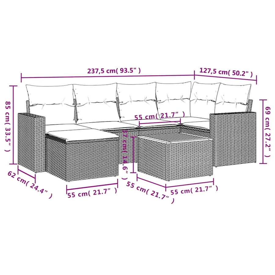 Ensemble de canapé de jardin 7 pcs avec coussins gris résine tressée - 14