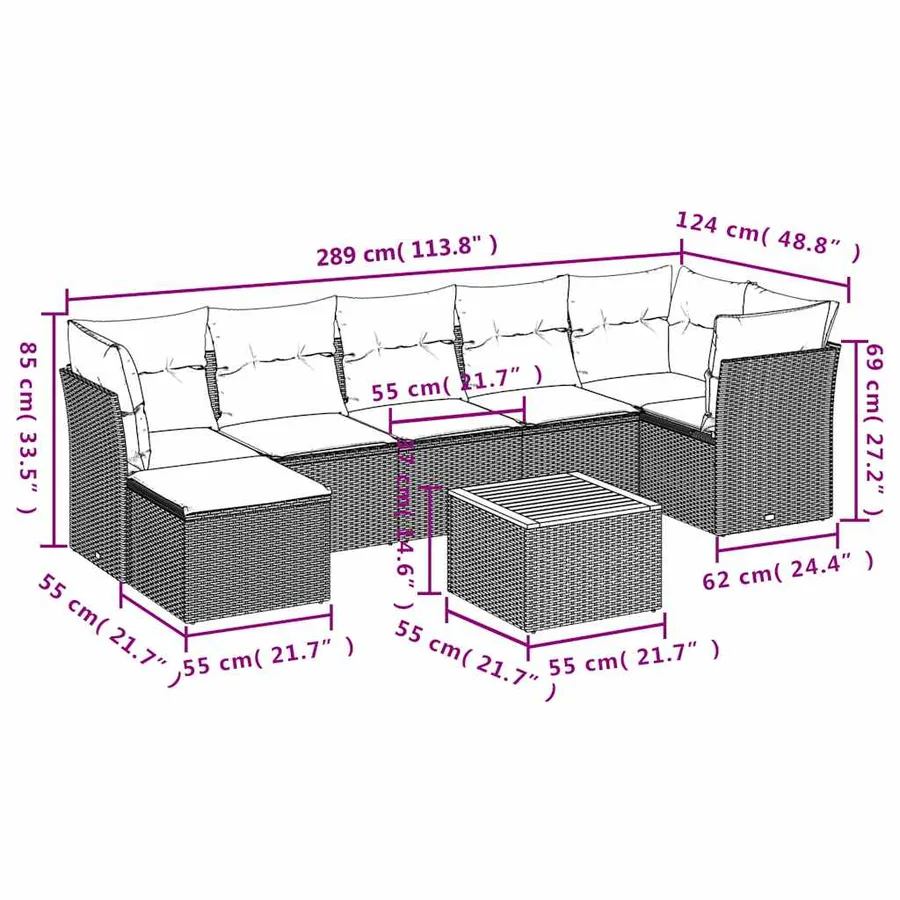 Ensemble de canapé de jardin 8 pcs avec coussins gris résine tressée - 11