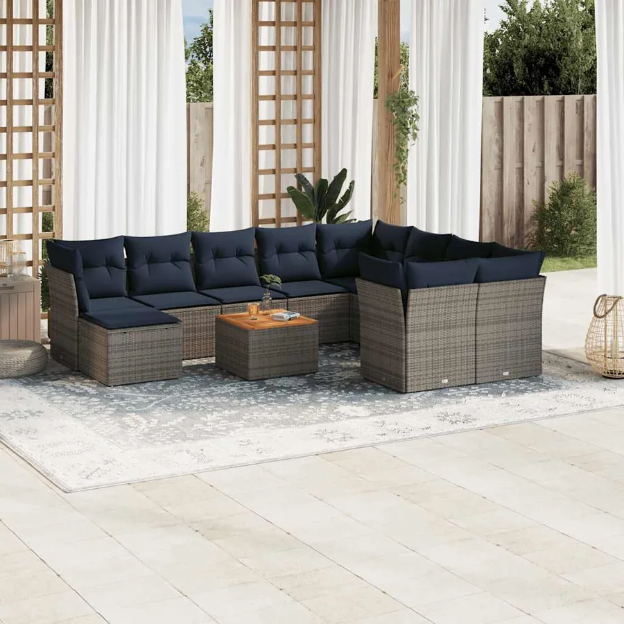 Ensemble de canapé de jardin 11 pcs avec coussins gris résine tressée