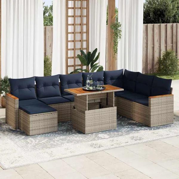 Salon de jardin 9 pcs avec coussins gris résine tressée
