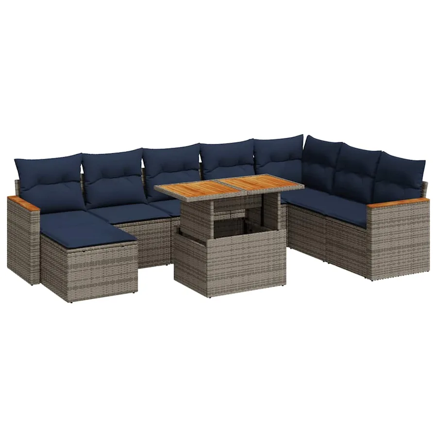 Salon de jardin 9 pcs avec coussins gris résine tressée - 2
