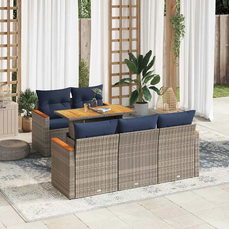 Salon de jardin 6 pcs avec coussins gris résine tressée