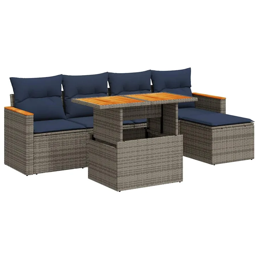 Salon de jardin 6 pcs avec coussins gris résine tressée - 2