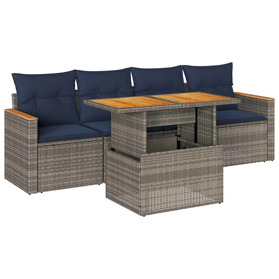 Salon de jardin 5 pcs avec coussins gris résine tressée - 2
