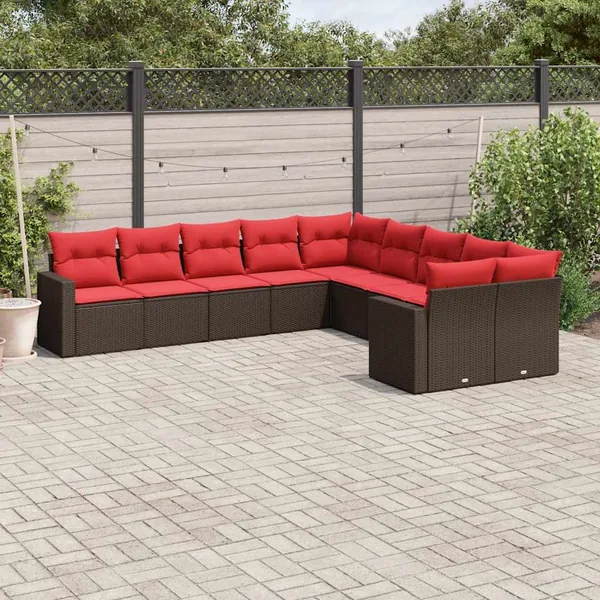 Salon de jardin 10 pcs avec coussins marron résine tressée
