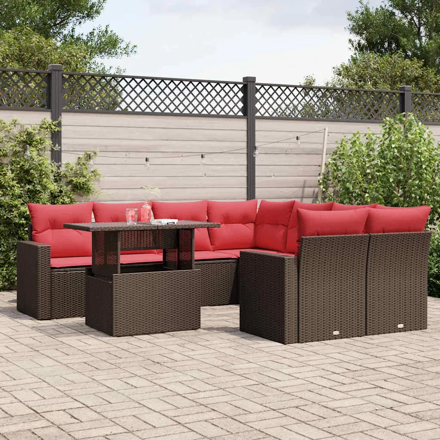 Ensemble de canapé de jardin 9 pcs avec coussins marron résine tressée