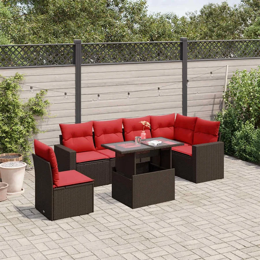 Ensemble de canapé de jardin 7 pcs avec coussins marron résine tressée