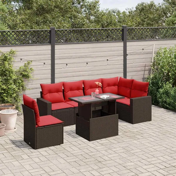 Ensemble de canapé de jardin 7 pcs avec coussins marron résine tressée