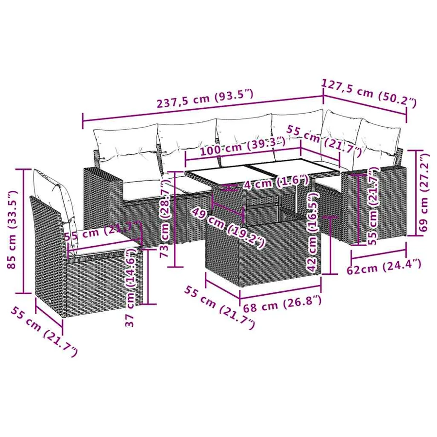 Ensemble de canapé de jardin 7 pcs avec coussins marron résine tressée - 10