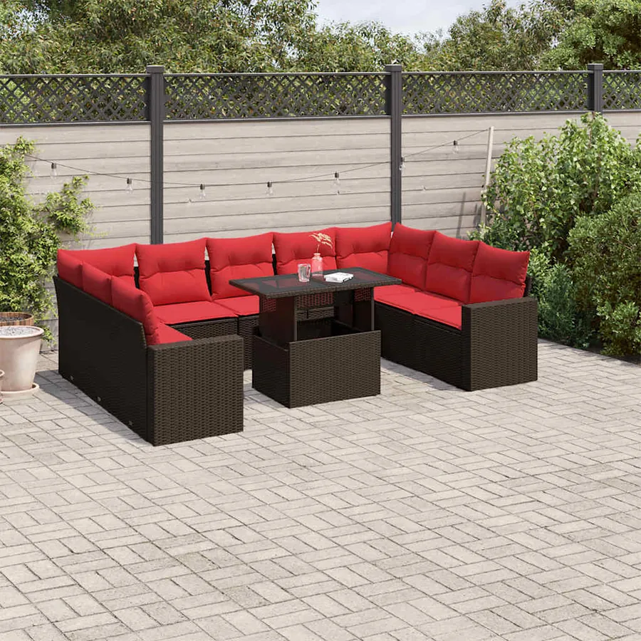 Ensemble de canapé de jardin 10 pcs avec coussins marron résine tressée