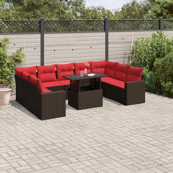 Ensemble de canapé de jardin 10 pcs avec coussins marron résine tressée