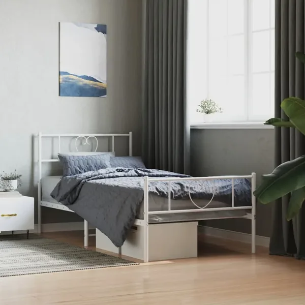 Cadre de lit métal sans matelas avec pied de lit blanc 90x200cm