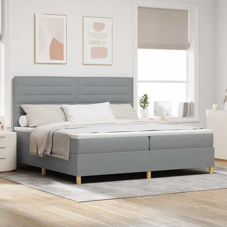 Lit à ressort LED avec matelas Gris clair 200 x 200 cm tissu