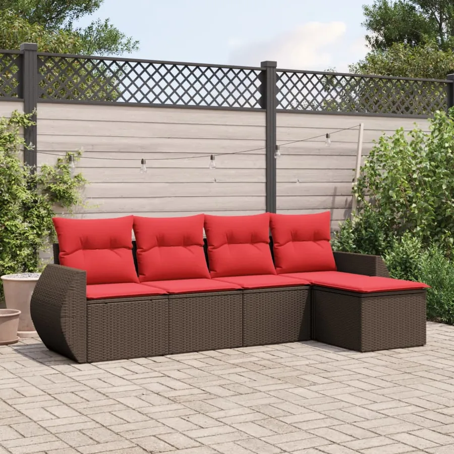Ensemble de canapé de jardin 5 pcs avec coussins marron résine tressée