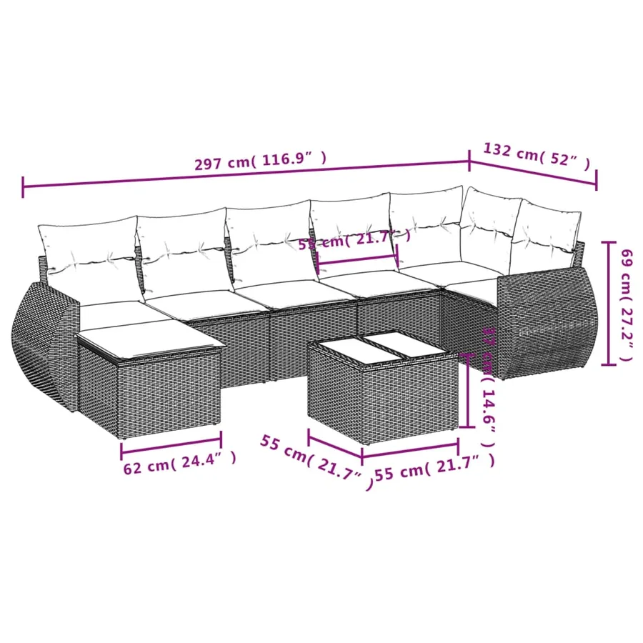 Ensemble de canapé de jardin 8 pcs avec coussins marron résine tressée - 9