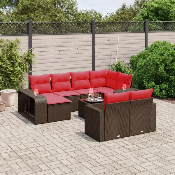 Ensemble de canapé de jardin 11 pcs avec coussins marron résine tressée