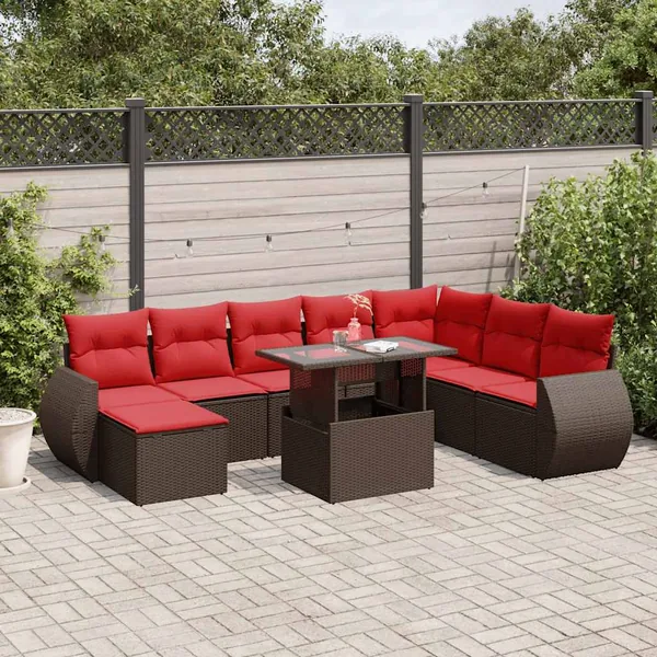 Ensemble de canapé de jardin 9 pcs avec coussins marron résine tressée