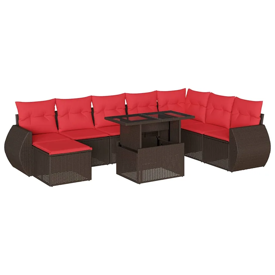 Ensemble de canapé de jardin 9 pcs avec coussins marron résine tressée - 2