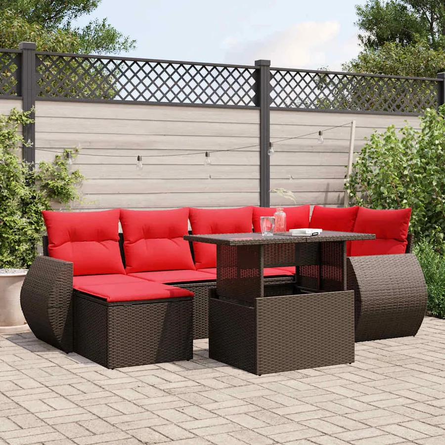 Ensemble de canapé de jardin 7 pcs avec coussins marron résine tressée