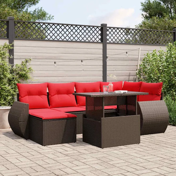 Ensemble de canapé de jardin 7 pcs avec coussins marron résine tressée