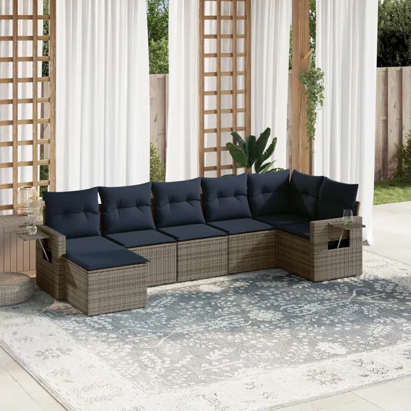 Ensemble de canapé de jardin 7 pcs avec coussins gris résine tressée