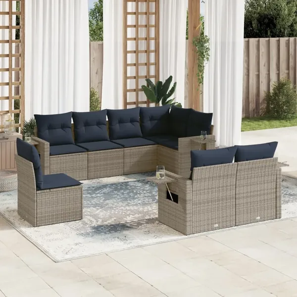 Ensemble de canapé de jardin 8 pcs avec coussins gris résine tressée