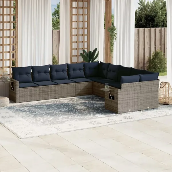 Ensemble de canapé de jardin 10 pcs avec coussins gris résine tressée