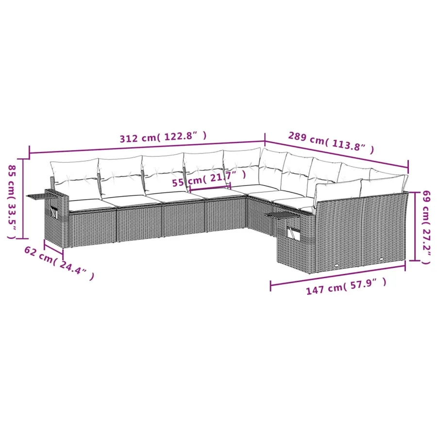 Ensemble de canapé de jardin 10 pcs avec coussins gris résine tressée - 8