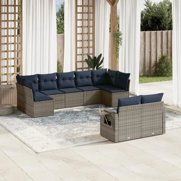 Ensemble de canapé de jardin 9 pcs avec coussins gris résine tressée