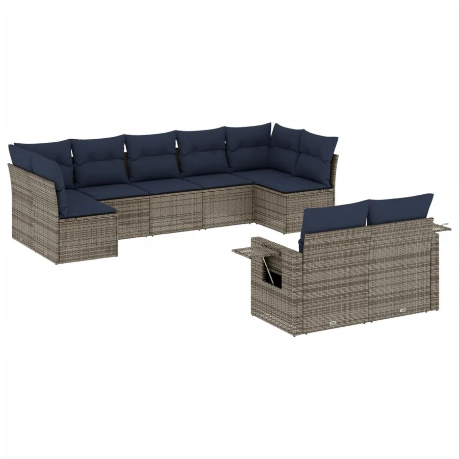 Ensemble de canapé de jardin 9 pcs avec coussins gris résine tressée - 2
