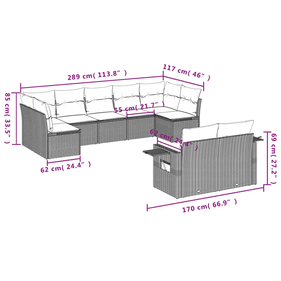Ensemble de canapé de jardin 9 pcs avec coussins gris résine tressée - 8
