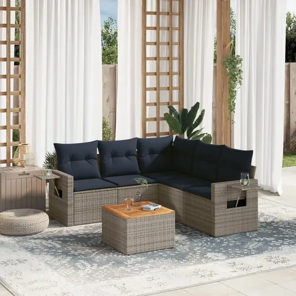 Ensemble de canapé de jardin 6 pcs avec coussins gris résine tressée