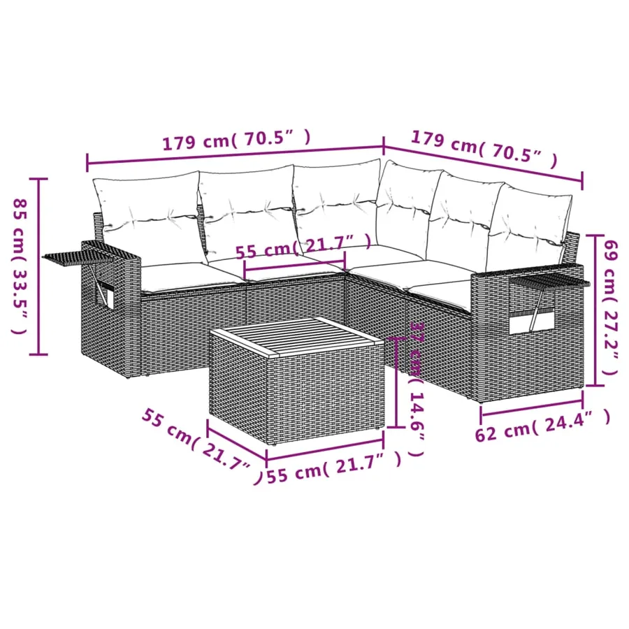 Ensemble de canapé de jardin 6 pcs avec coussins gris résine tressée - 9