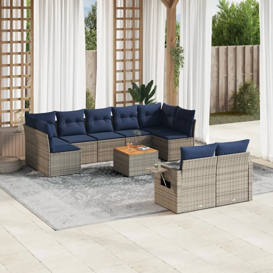 Ensemble de canapé de jardin 10 pcs avec coussins gris résine tressée
