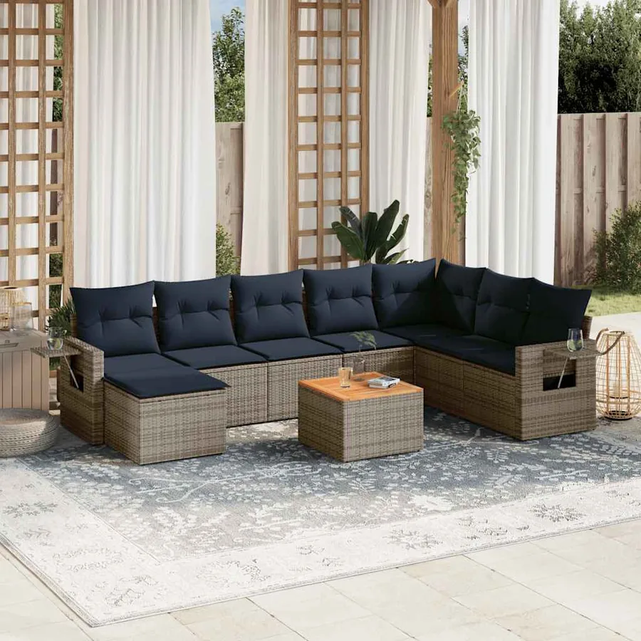 Ensemble de canapé de jardin 9 pcs avec coussins gris résine tressée