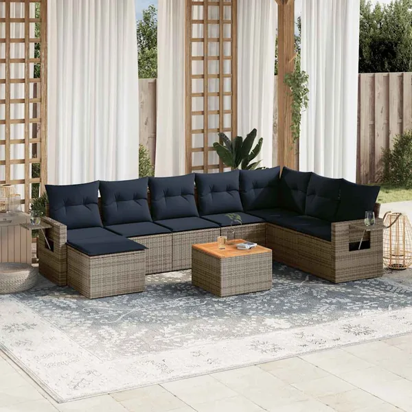 Ensemble de canapé de jardin 9 pcs avec coussins gris résine tressée