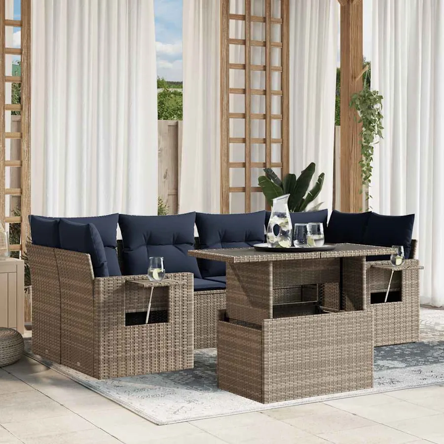 Ensemble de canapé de jardin 7 pcs avec coussins gris résine tressée
