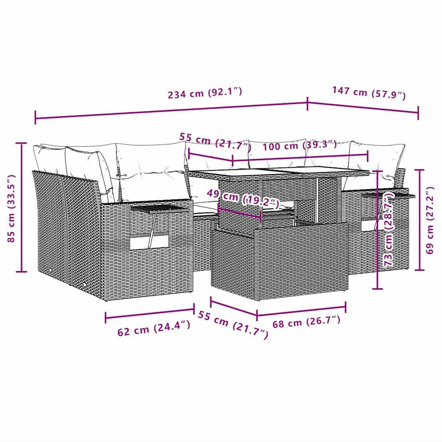 Ensemble de canapé de jardin 7 pcs avec coussins gris résine tressée - 11