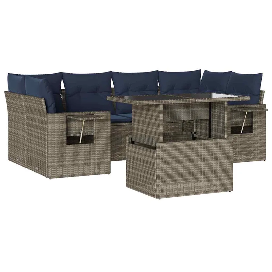 Ensemble de canapé de jardin 7 pcs avec coussins gris résine tressée - 2