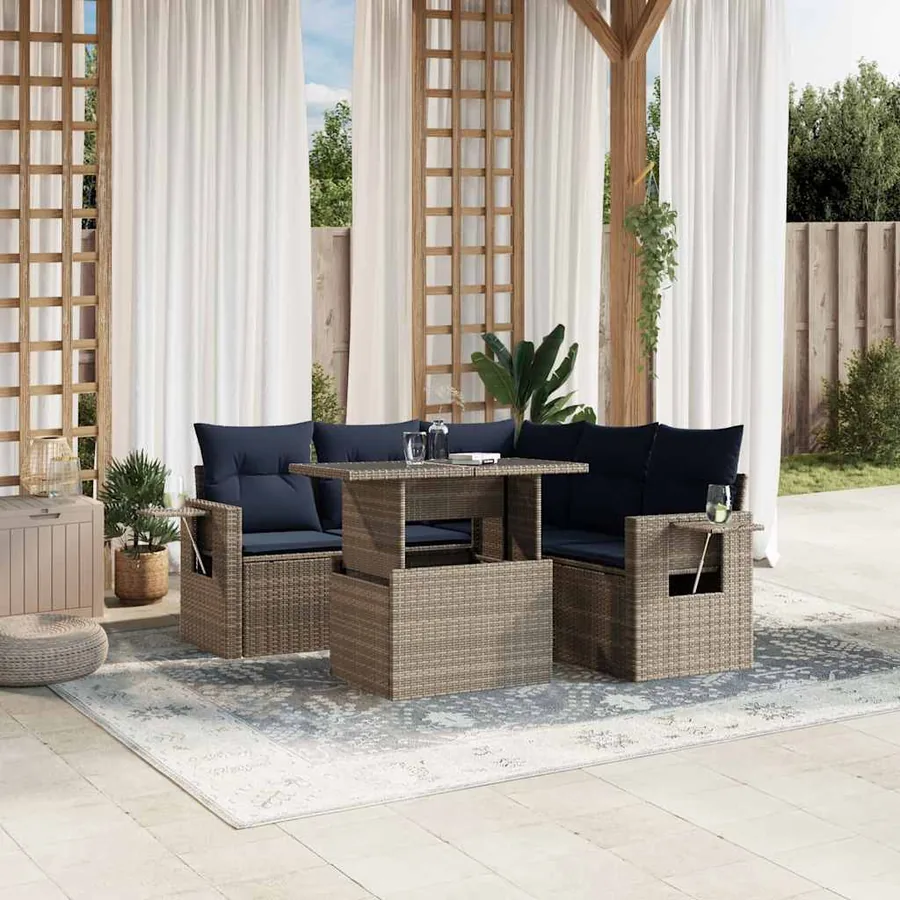 Ensemble de canapé de jardin 6 pcs avec coussins gris résine tressée