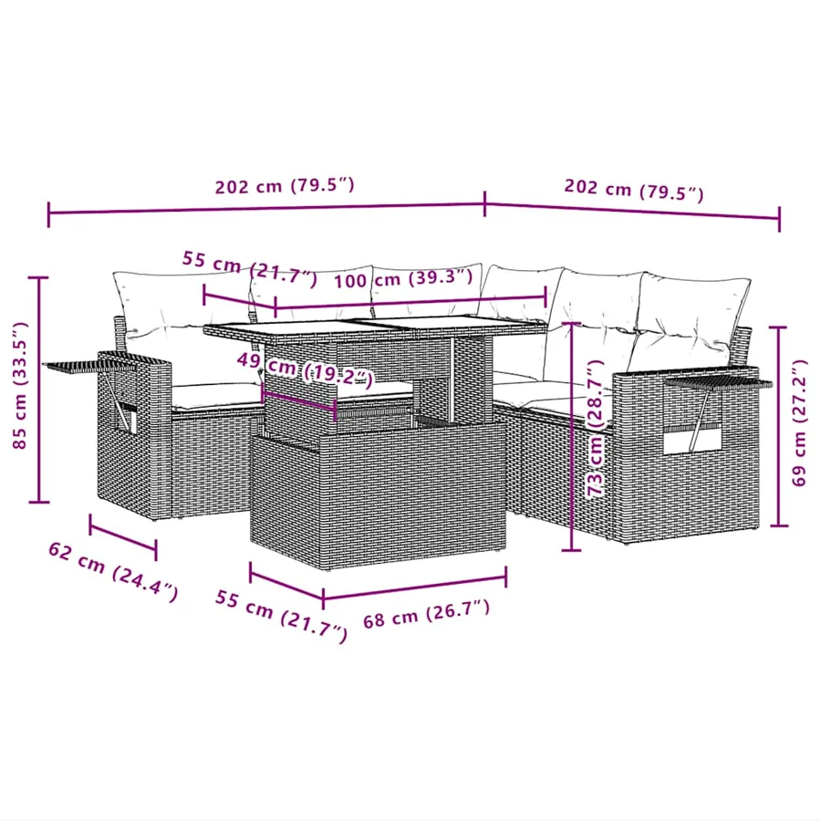 Ensemble de canapé de jardin 6 pcs avec coussins gris résine tressée - 11